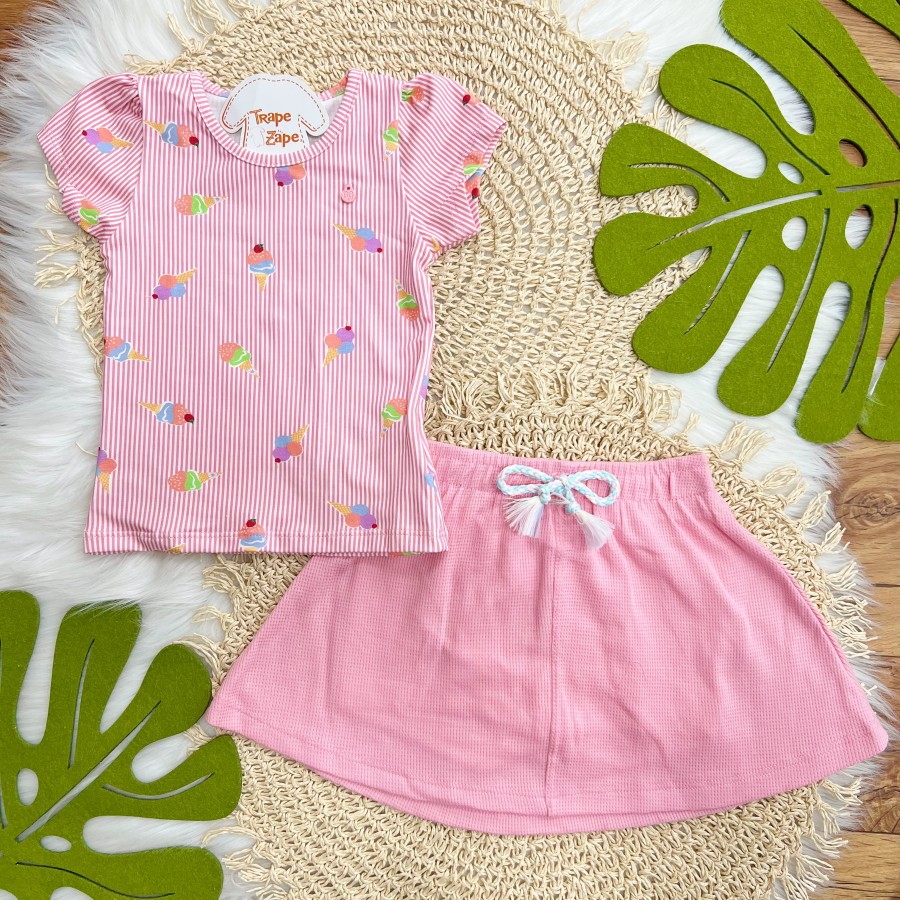 Conj. Blusa Listrada Sorvetinhos e Short Saia - Rosa